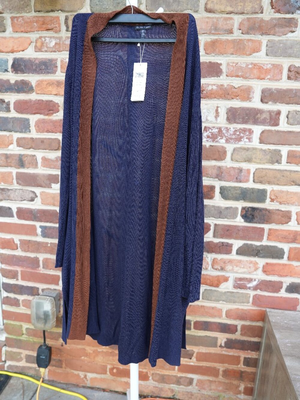 Eileen Fisher Open-Front Duster Cardigan Navy Blue with Brown Trim